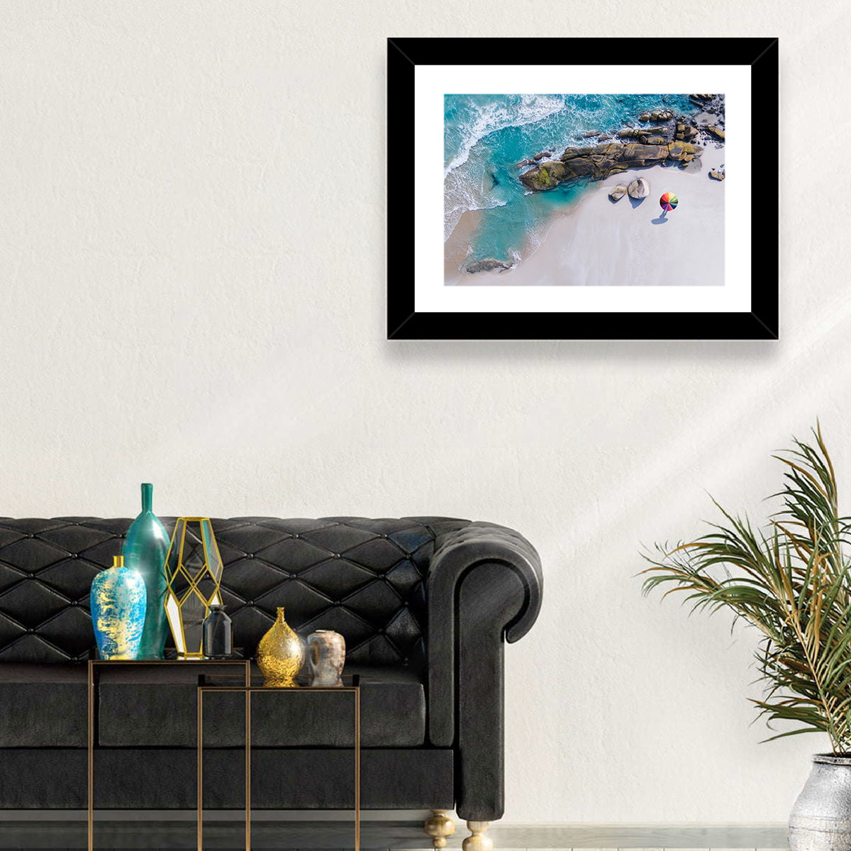 Aerial Beach with Rainbow Umbrella Wall Art in a room, landscape