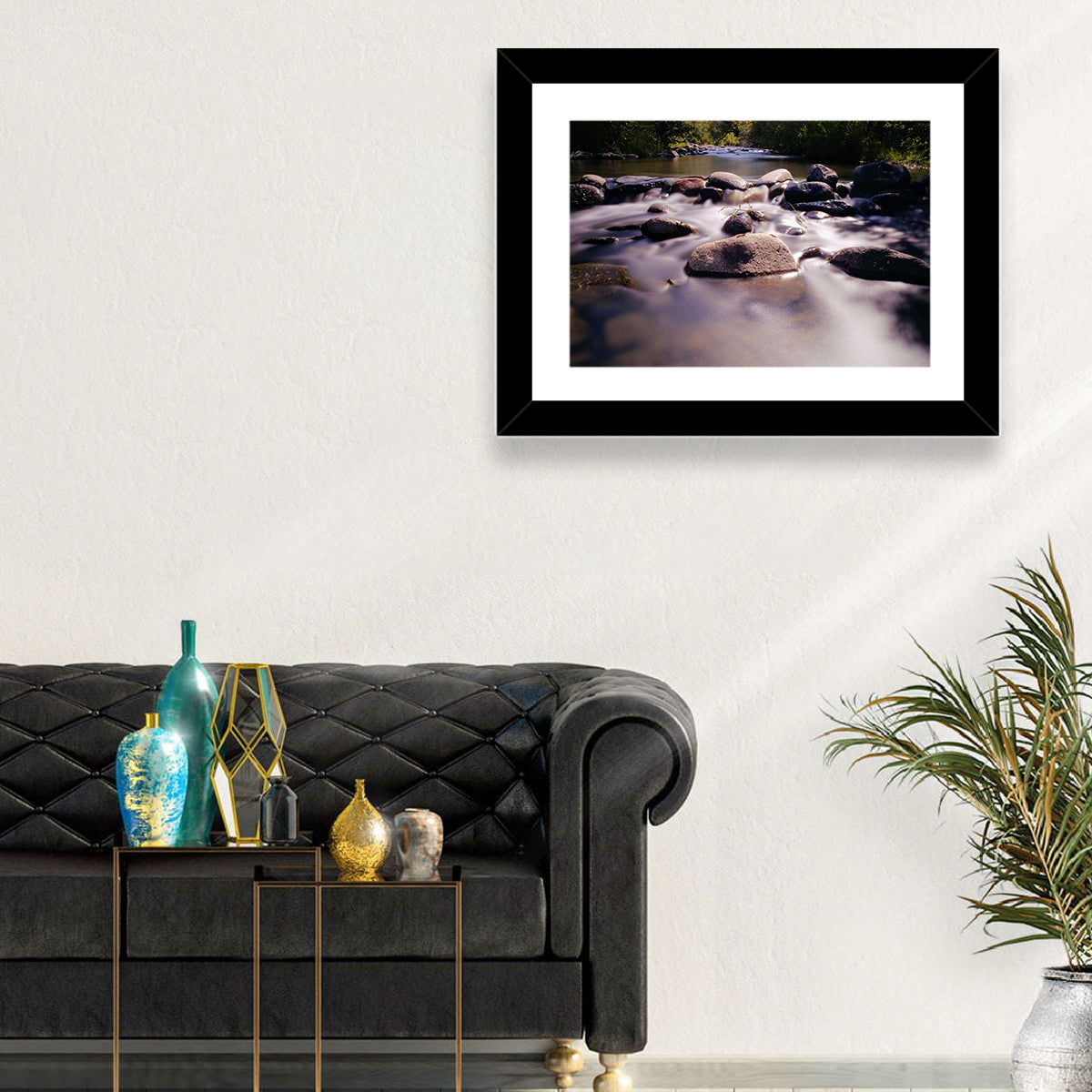 Truckee River Sunlit Rocks Wall Art in a room, landscape