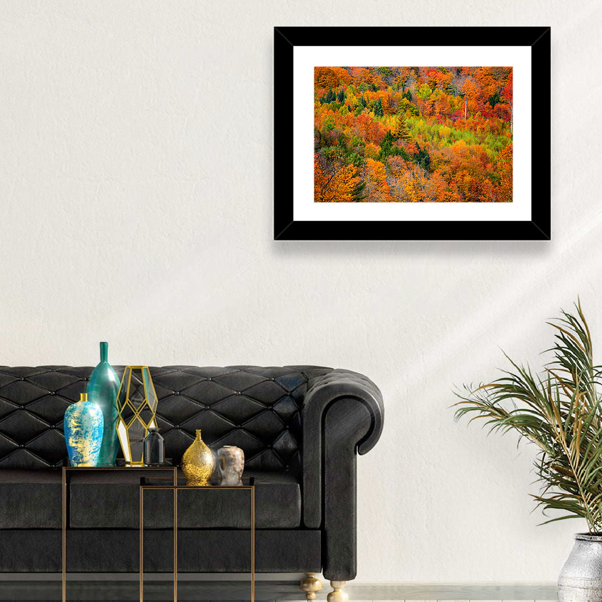 Vermont Autumn Mountain Forest Wall Art in a room, landscape