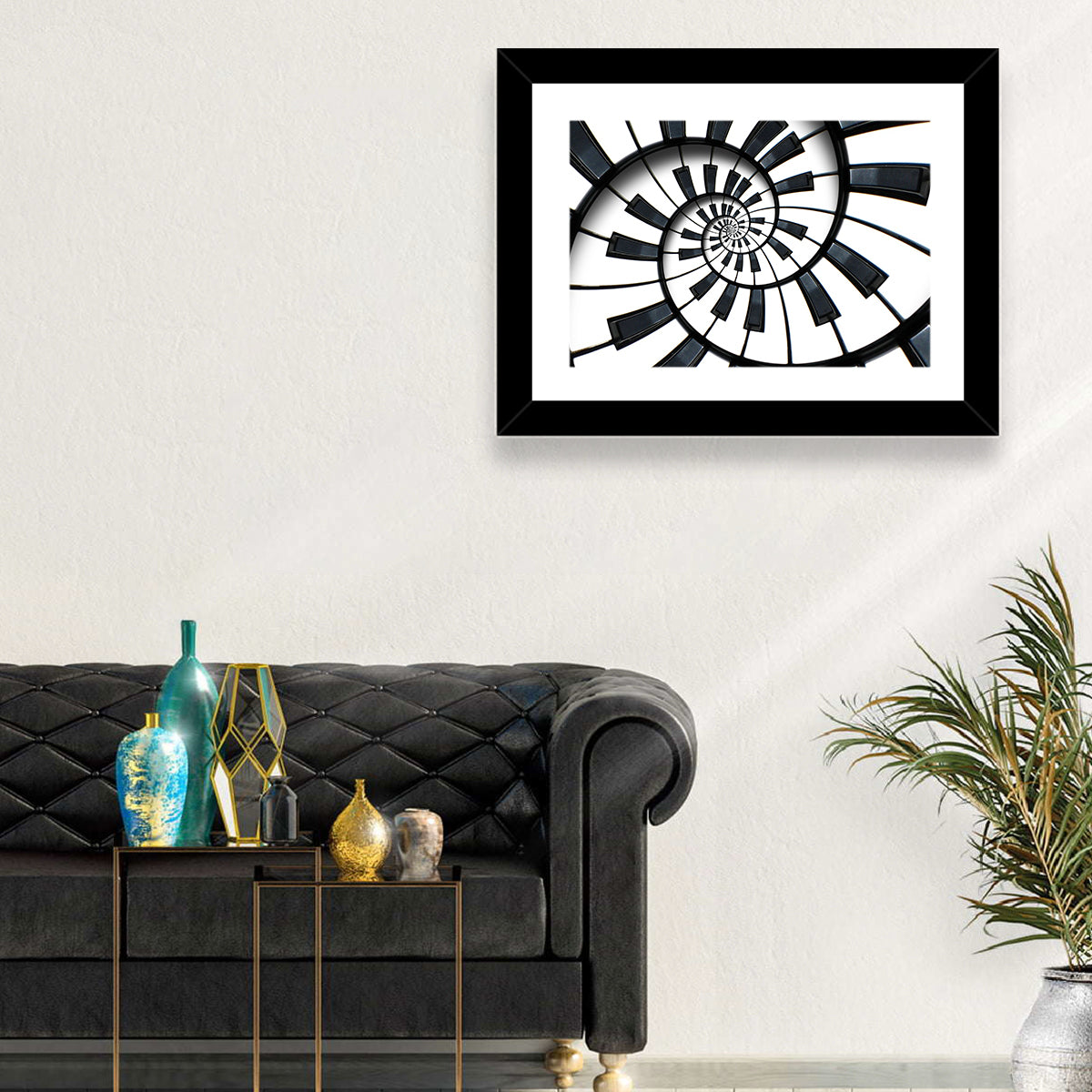 Recursive Spiral Piano Keys Wall Art in a room, landscape