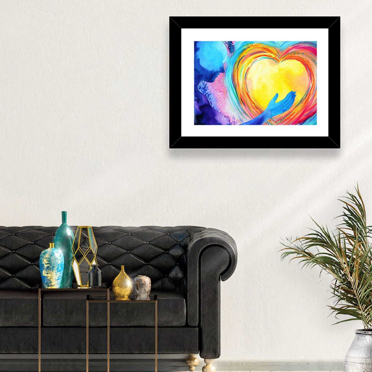 Blue Silhouette with Radiant Heart Wall Art in a room, landscape