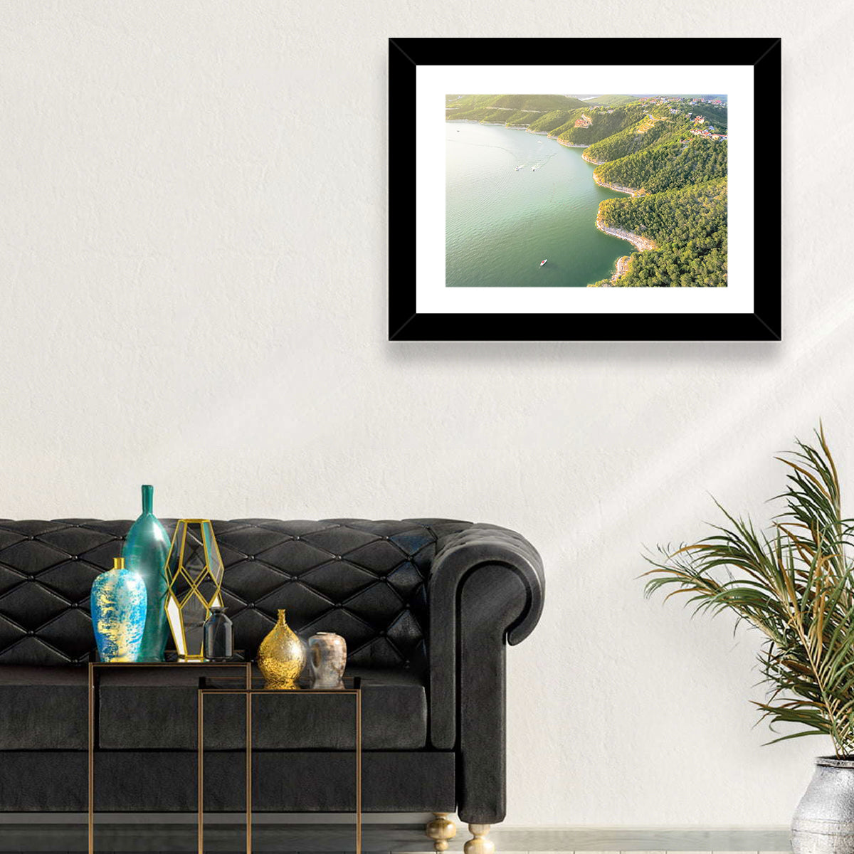 Lake Travis Aerial View Wall Art in a room, landscape