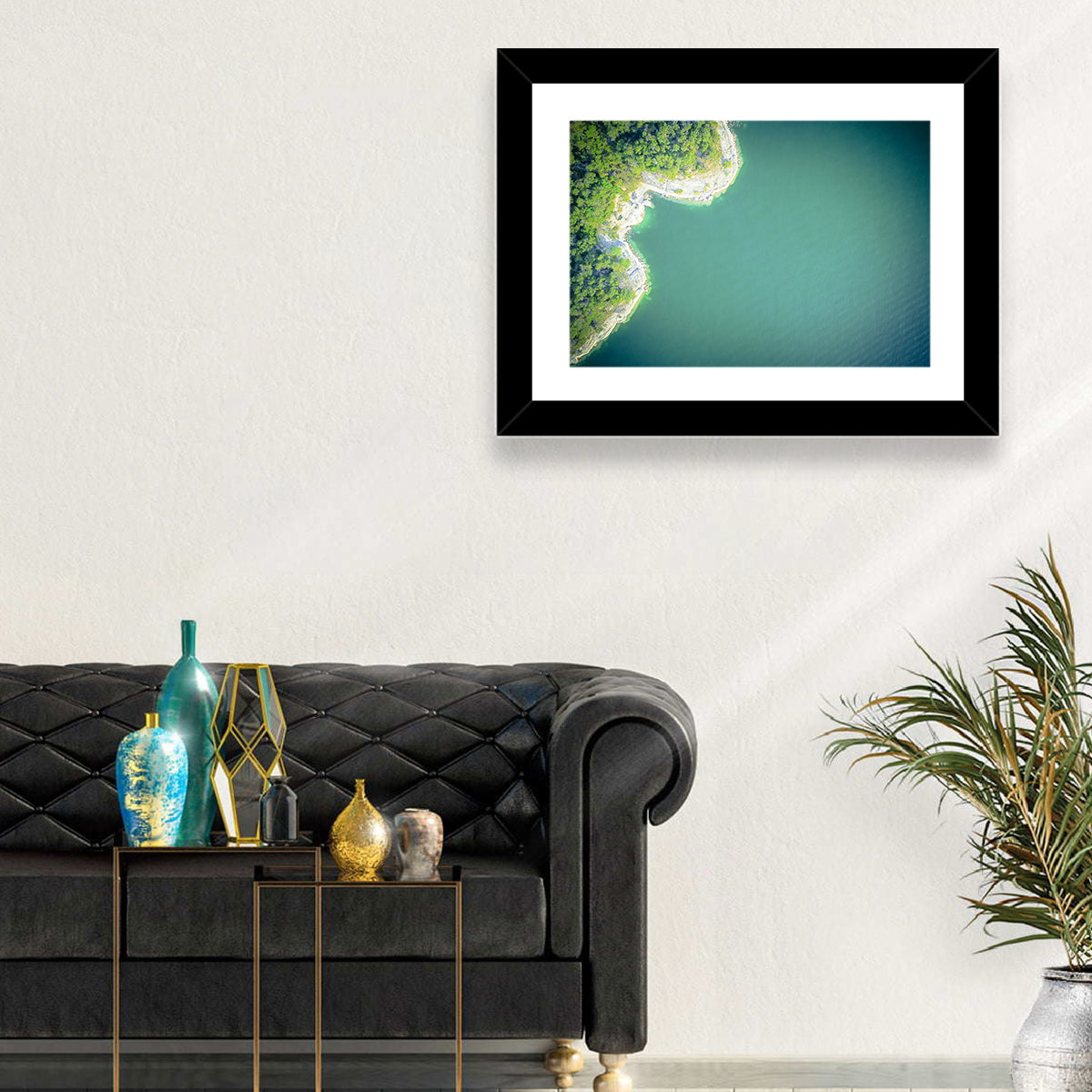 L-shaped Coastline Over Teal Lake Wall Art in a room, landscape
