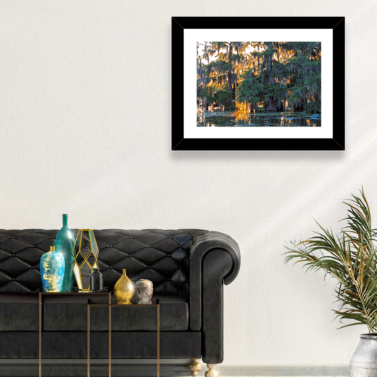 Lake Martin Cypress Reflection Wall Art in a room, landscape