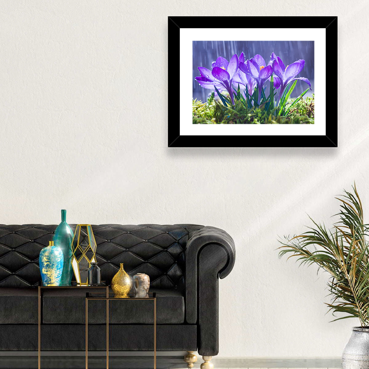 Rainy Purple Crocuses Wall Art in a room, landscape