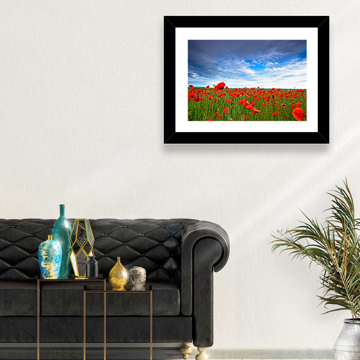 Red Poppy Field Wall Art in a room, landscape