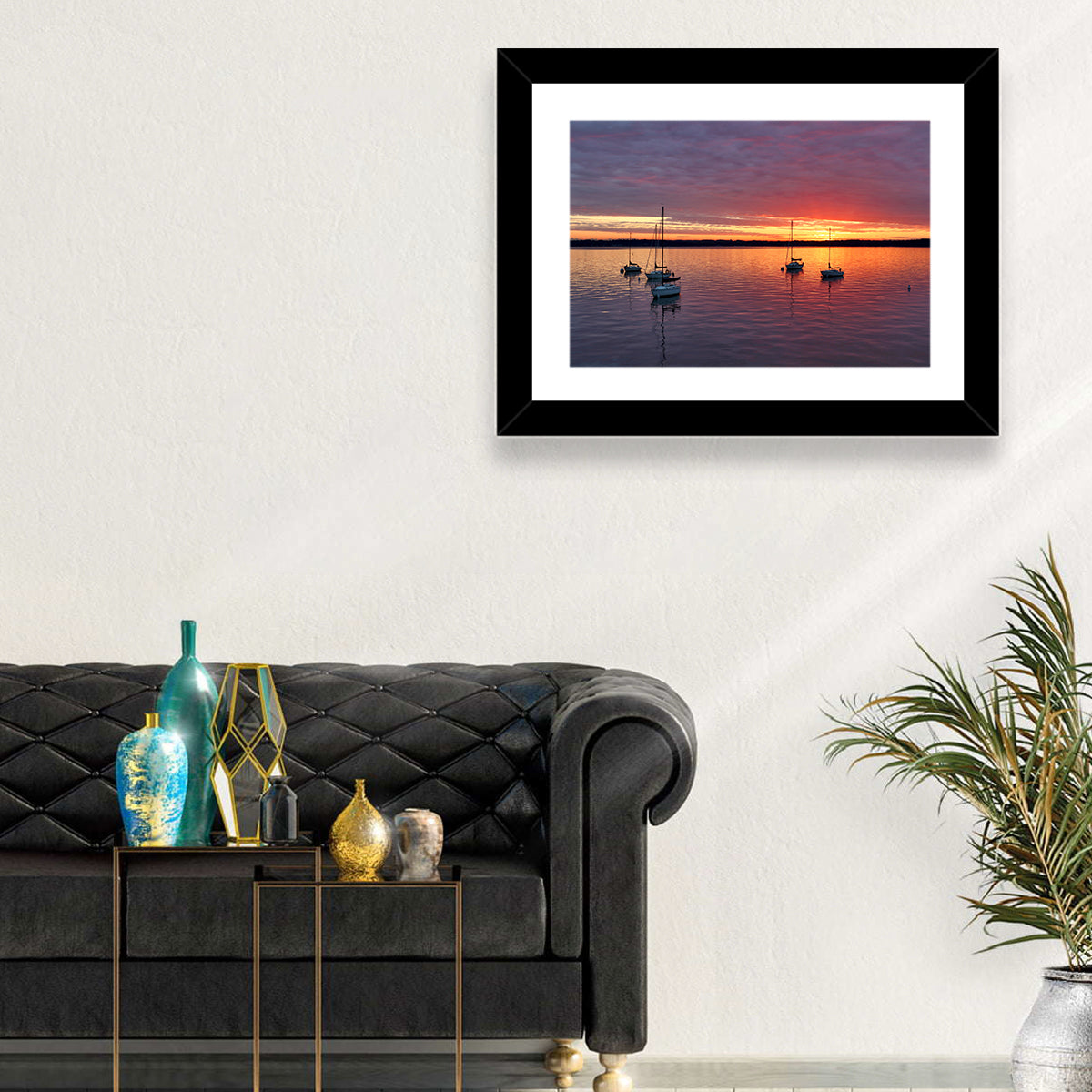 Lake Mendota Sailboats at Sunset Wall Art in a room, landscape