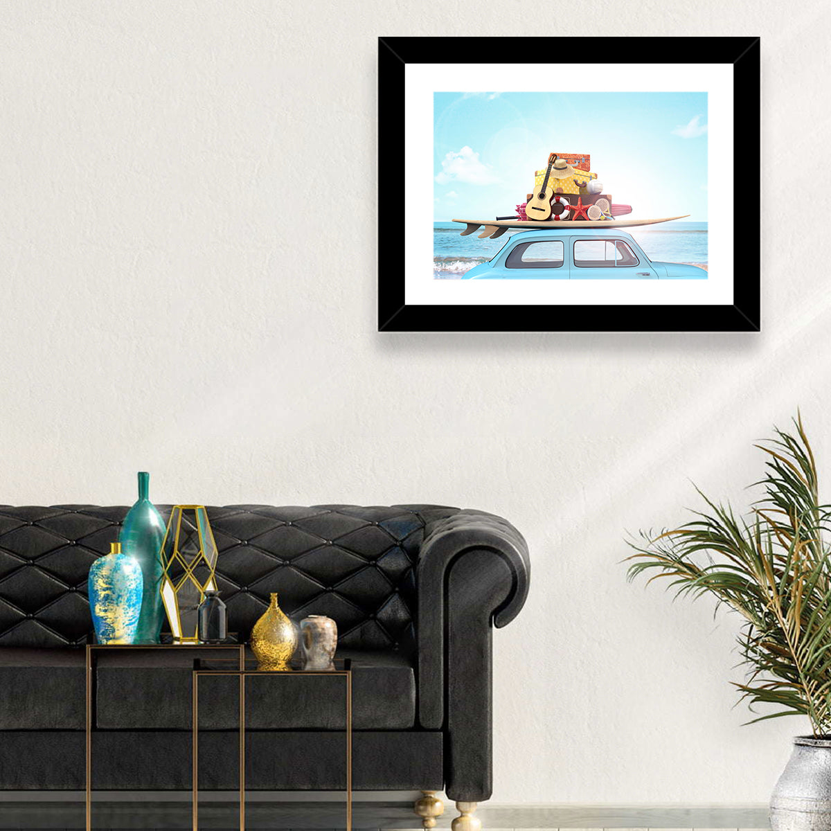 Vintage Car with Surfboard Wall Art in a room, landscape