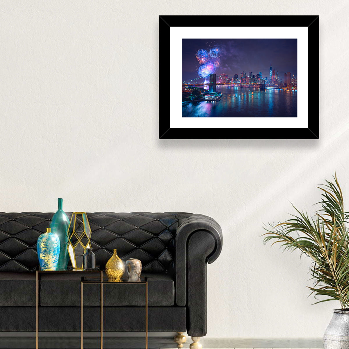 Fireworks Over Brooklyn Bridge Wall Art in a room, landscape