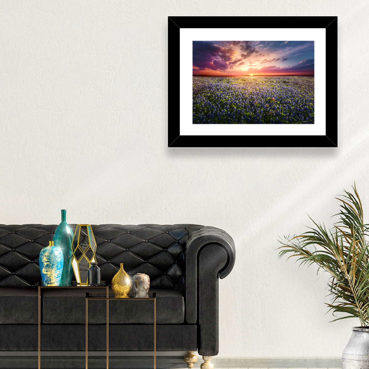 Texas Bluebonnet Sunset Wall Art in a room, landscape