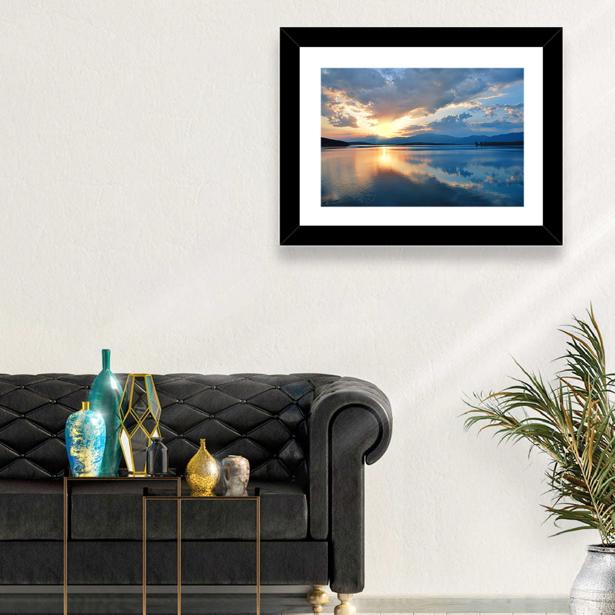 Golden Hour Lake Reflection Wall Art in a room, landscape