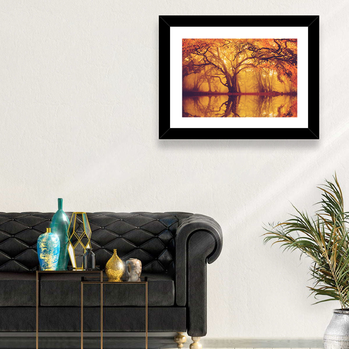 Golden Mist Forest Reflection Wall Art in a room, landscape