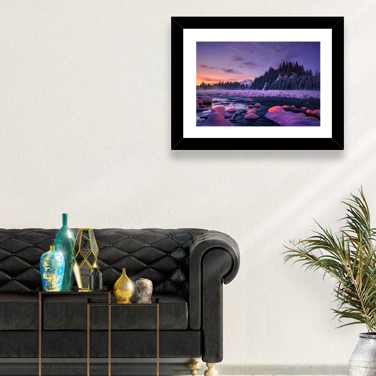 Twilight River and Snowy Pines Wall Art in a room, landscape