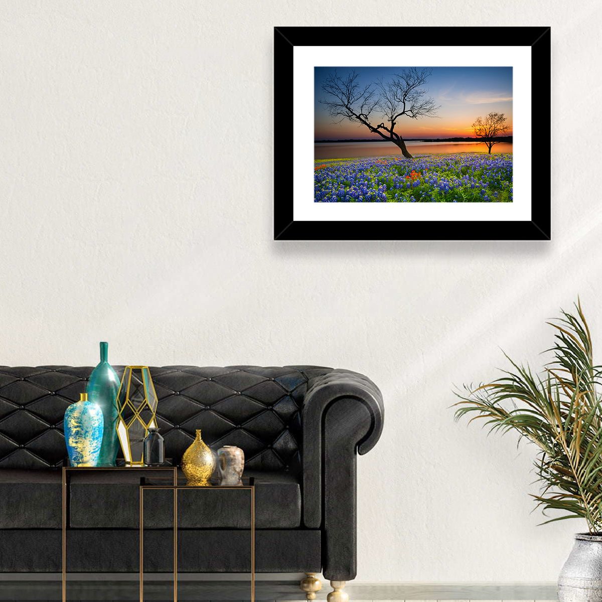 Texas Bluebonnet Sunset Wall Art in a room, landscape