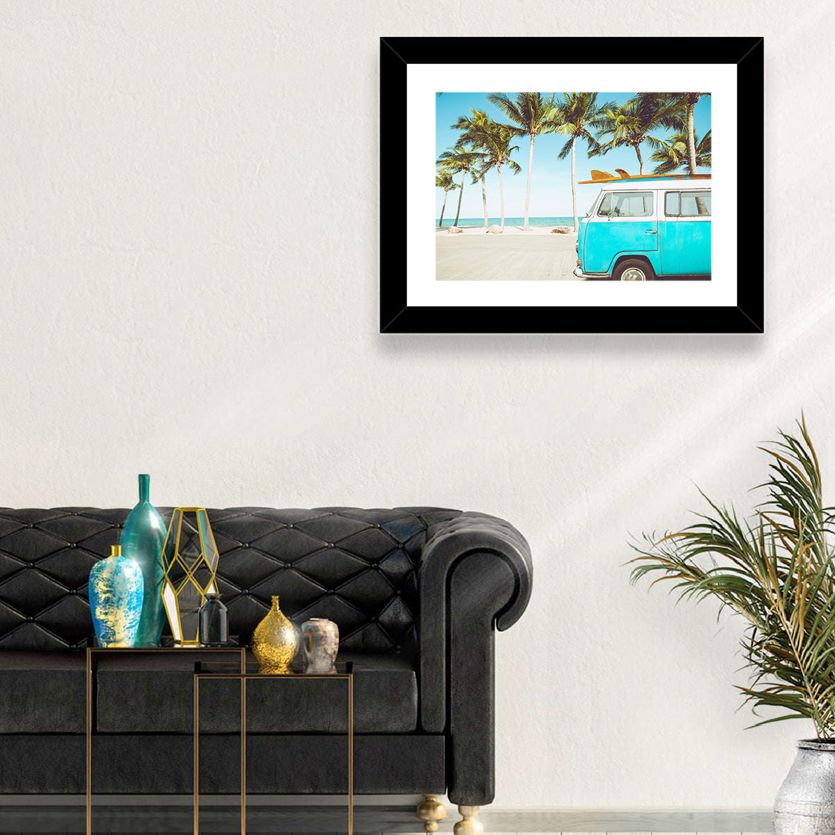 Vintage Vw Bus on Tropical Beach Wall Art in a room, landscape