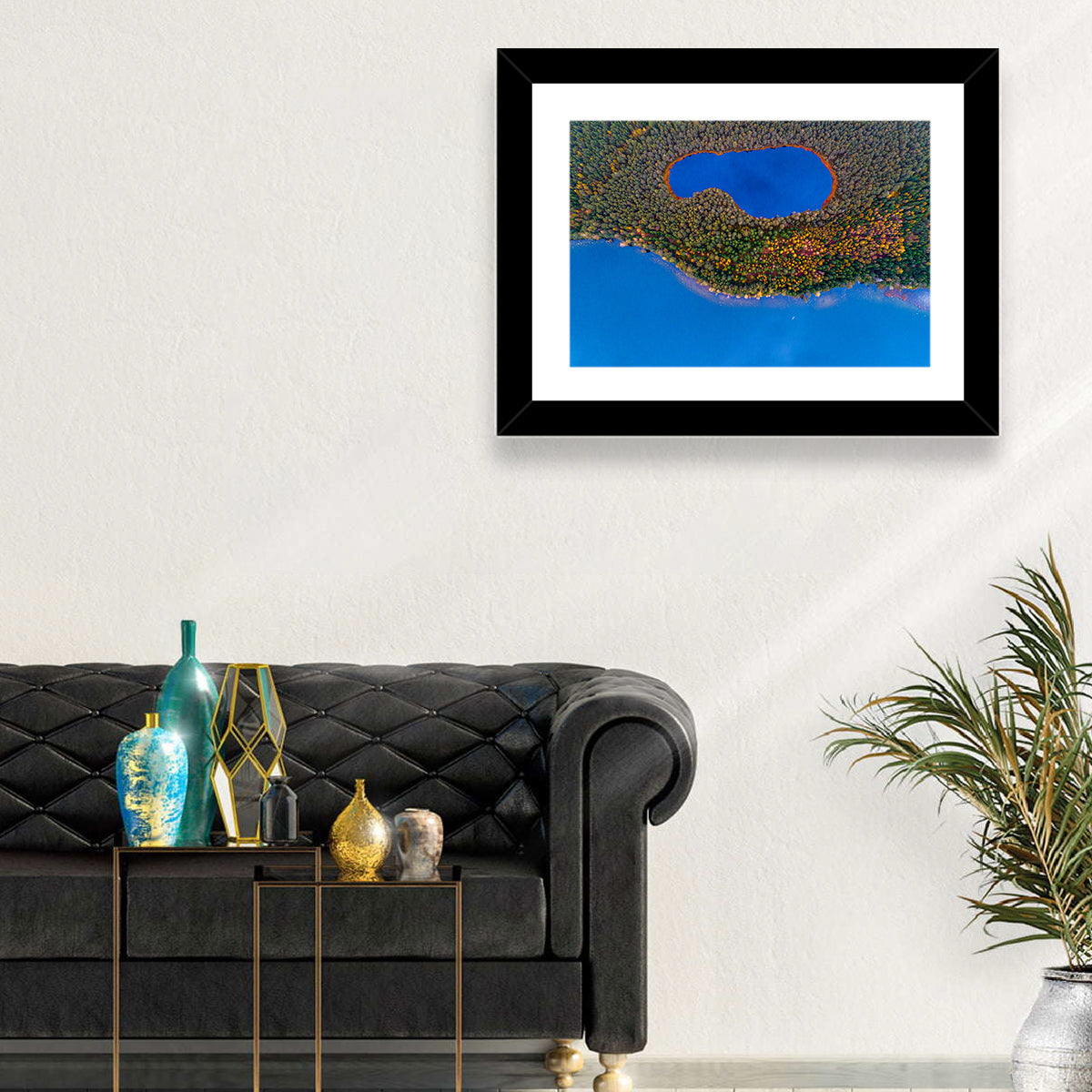 Autumn Forest Lake Wall Art in a room, landscape