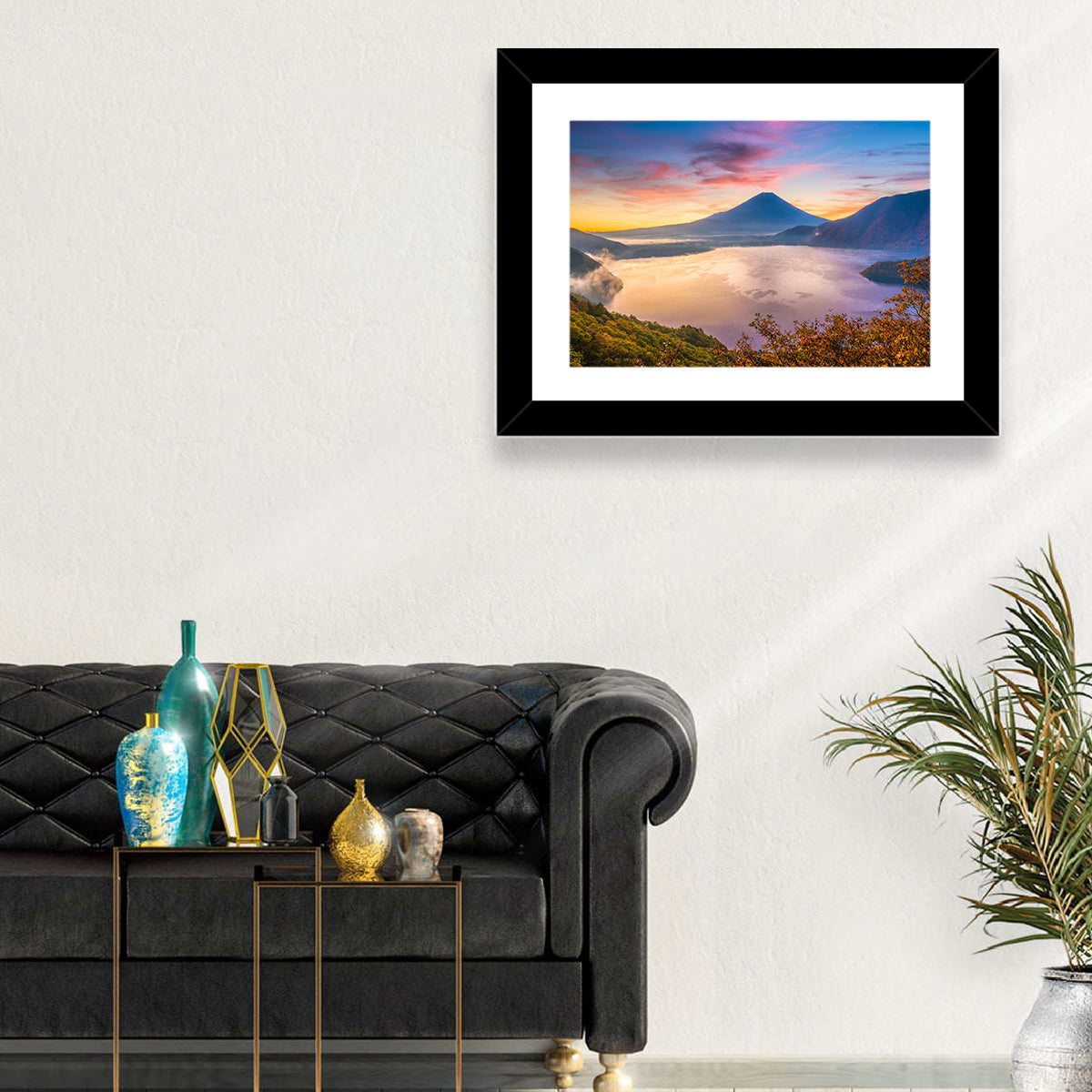 Mount Fuji at Lake Motosu, Autumn Sunrise Wall Art in a room, landscape