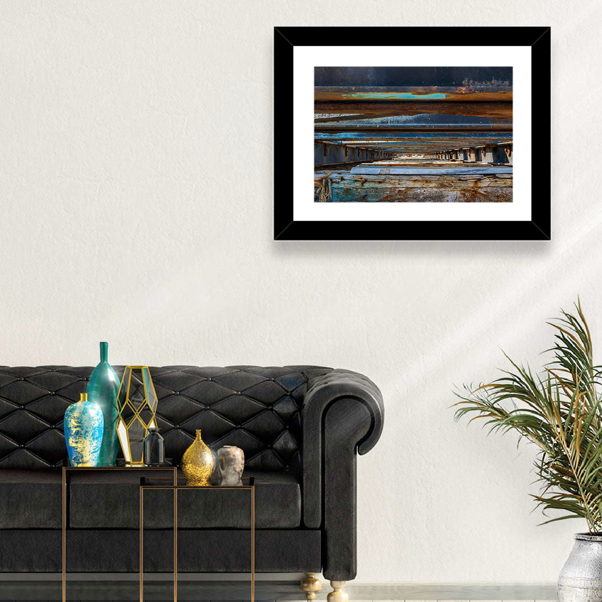 Weathered Dock Perspective Wall Art in a room, landscape