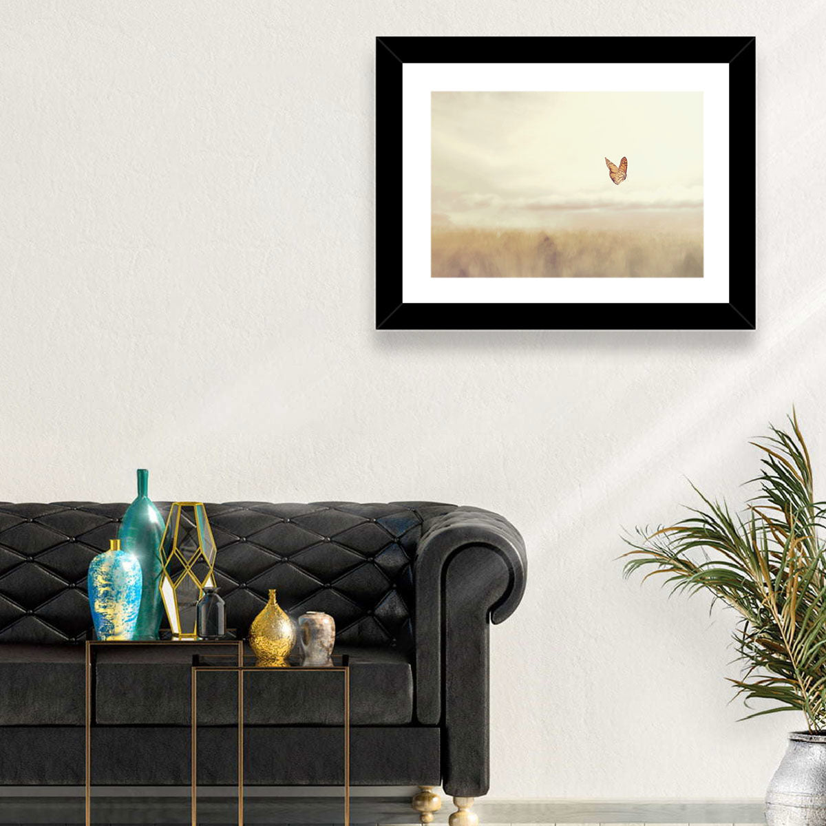 Monarch Over Beige Field Wall Art in a room, landscape