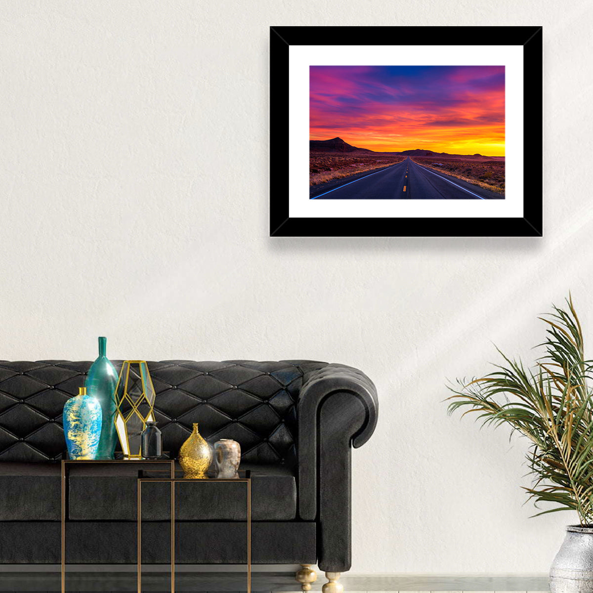 Infinite Desert Road Sunset Wall Art in a room, landscape