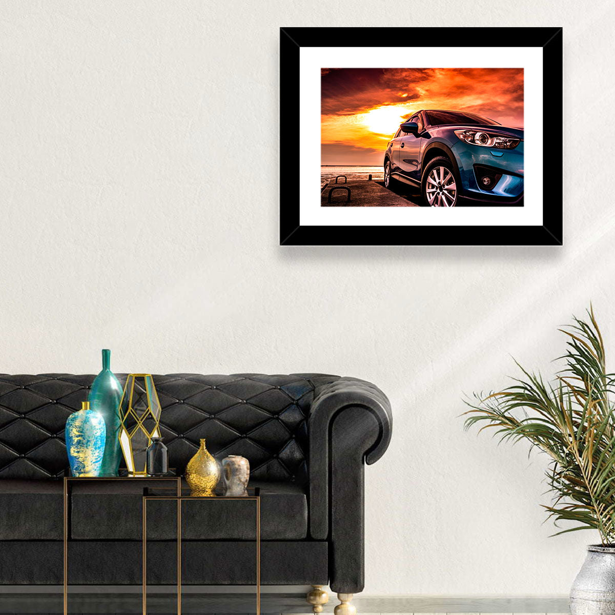 Suv on Pier at Sunset Wall Art in a room, landscape