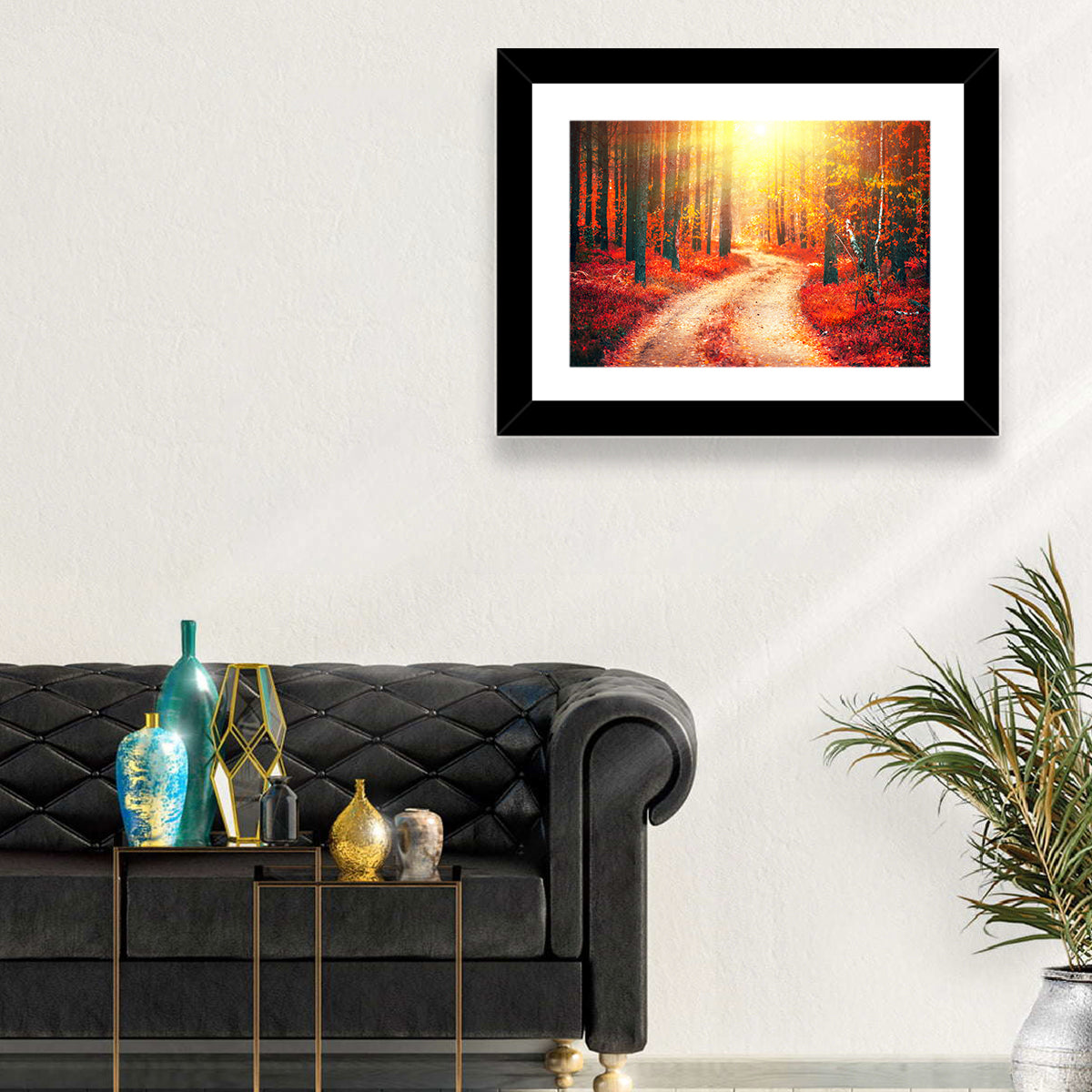Golden Path Through Autumn Woods Wall Art in a room, landscape