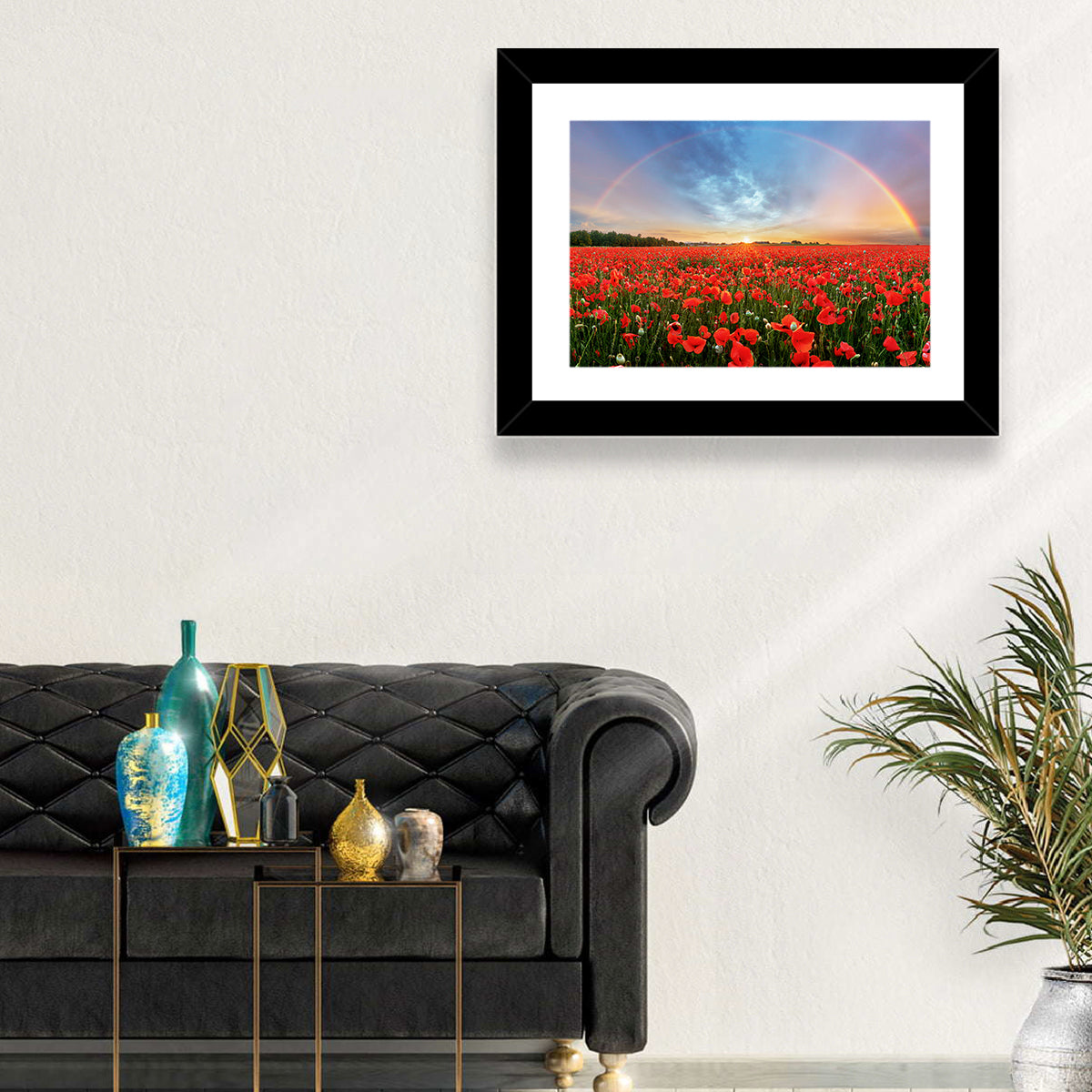 Poppy Field with Double Rainbow Wall Art in a room, landscape