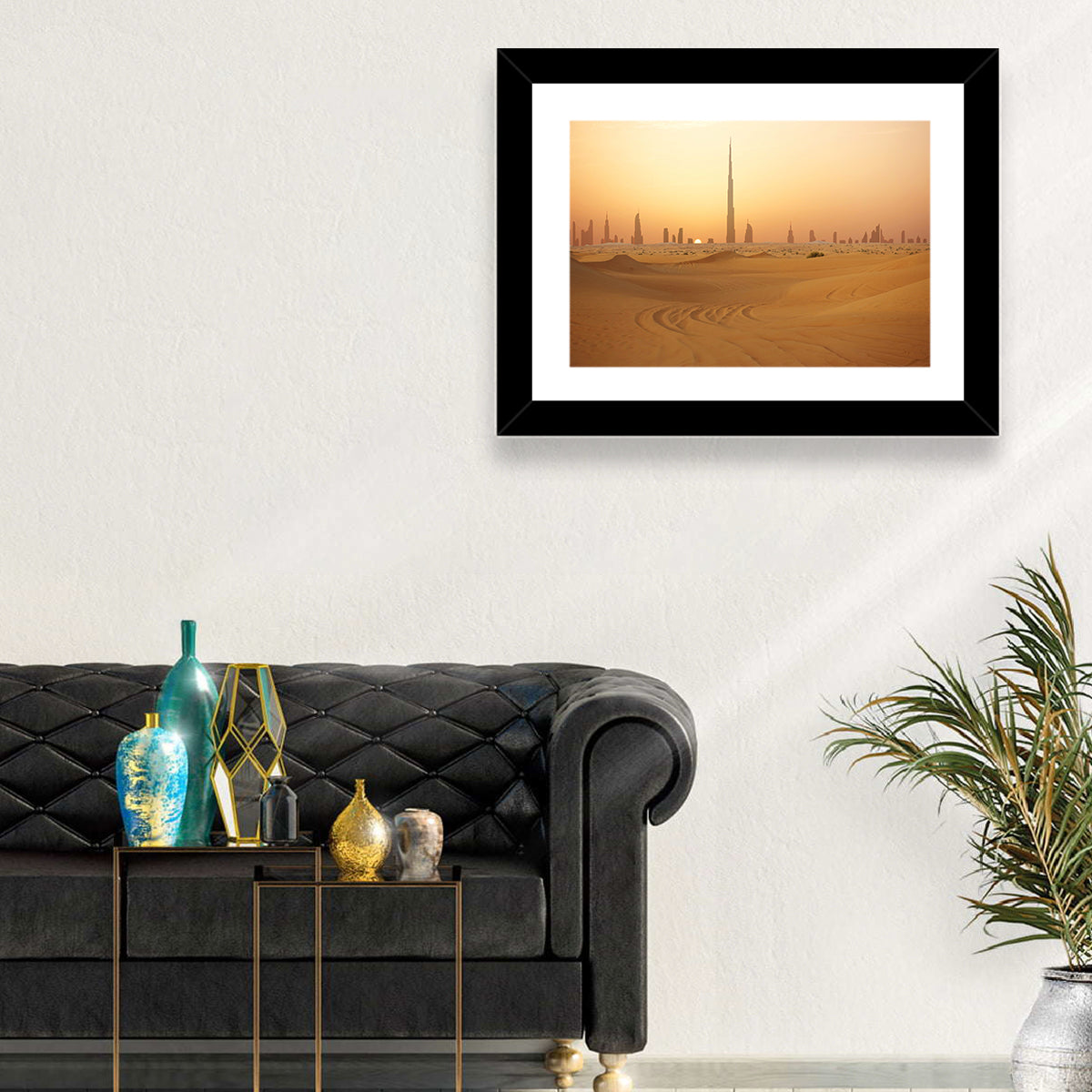 Dubai Skyline at Sunset Wall Art in a room, landscape