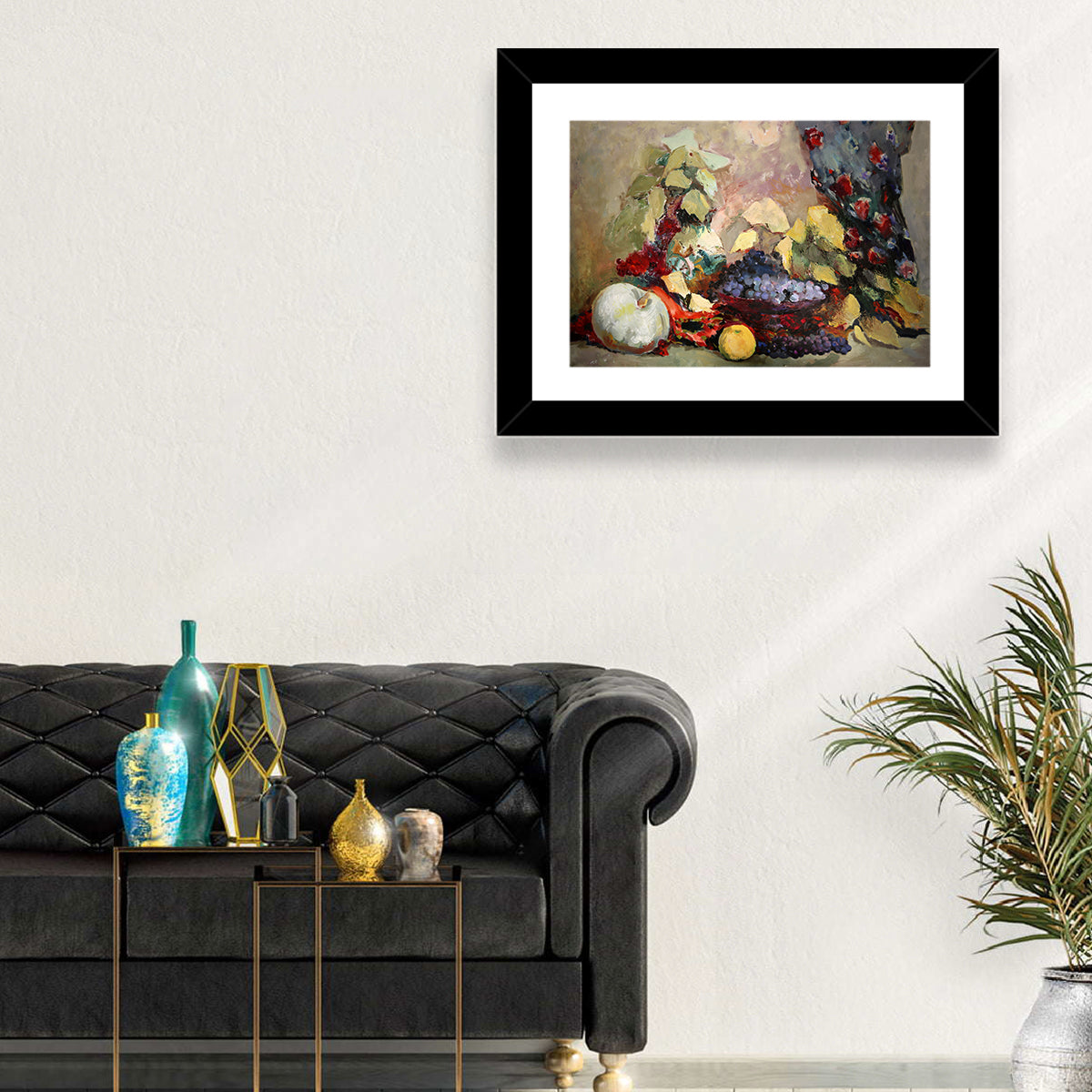 Grapes and Melon Still Life Wall Art in a room, landscape
