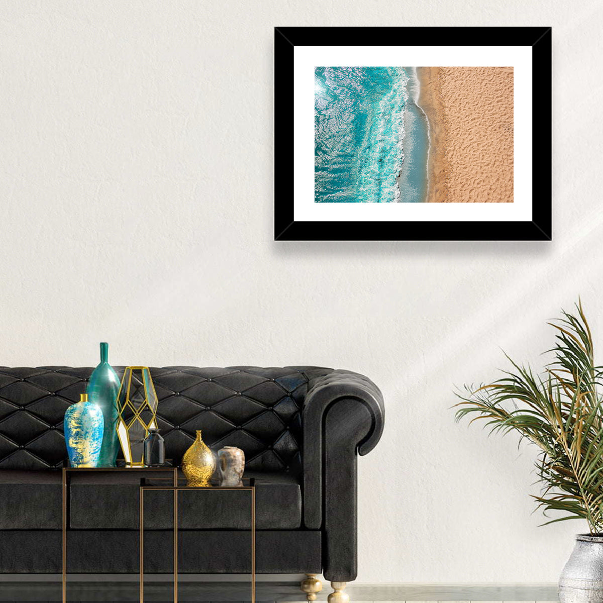 Turquoise Coastline Aerial Wall Art in a room, landscape