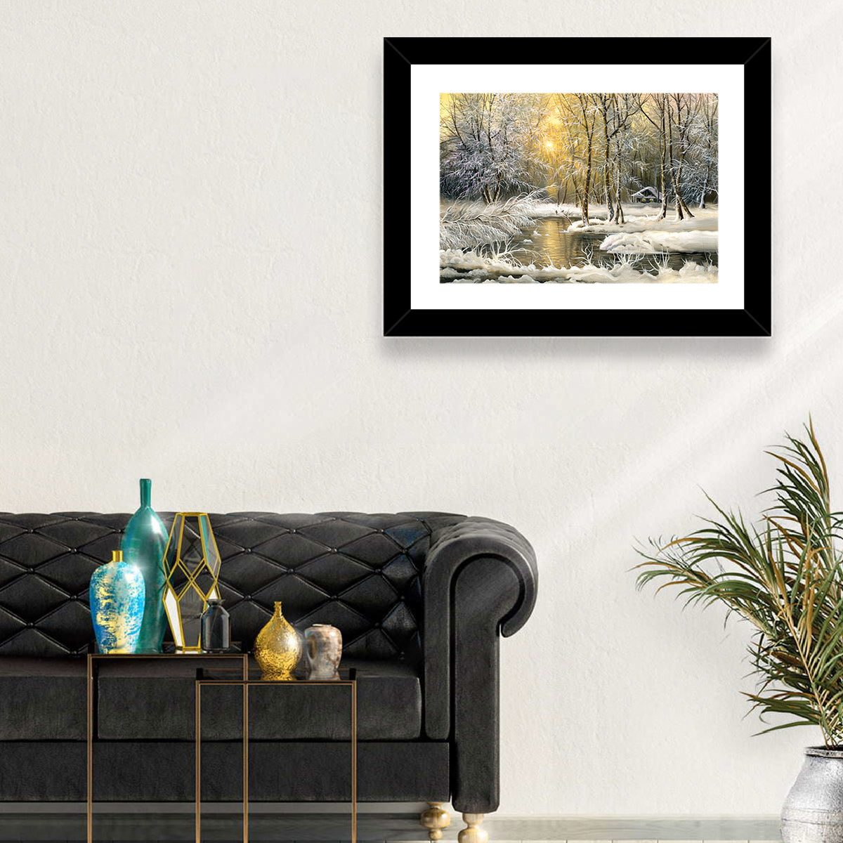 Sunlit Winter Cabin Wall Art in a room, landscape