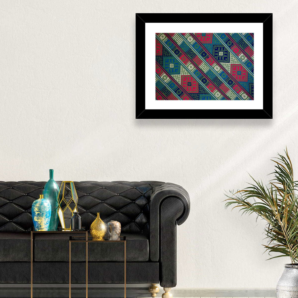 Handwoven Geometric Textile Wall Art in a room, landscape