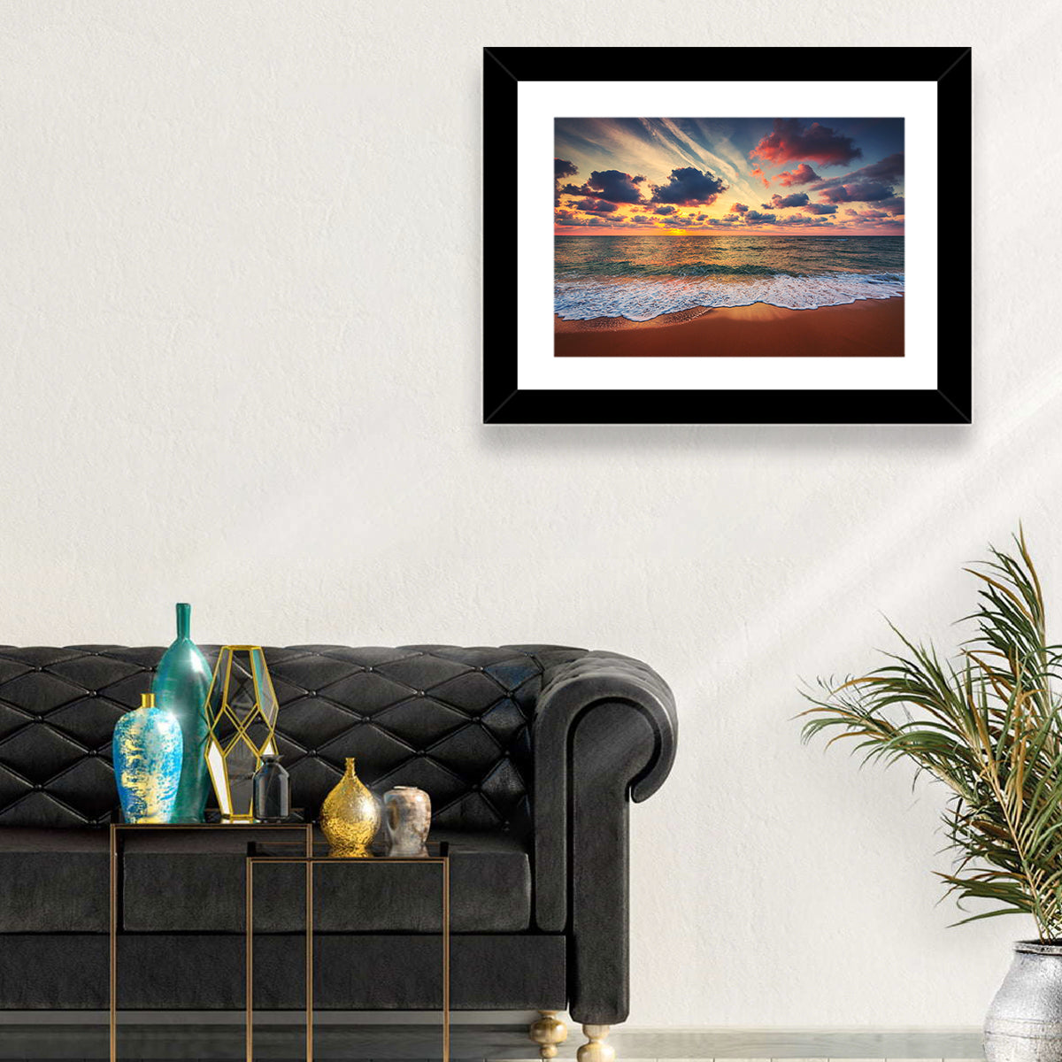 Golden Hour Beach Waves Under Cloudy Sky Wall Art in a room, landscape