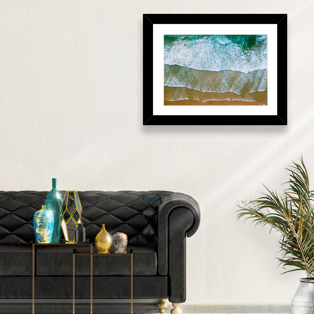 Aerial Teal Beach with Surfers Wall Art in a room, landscape