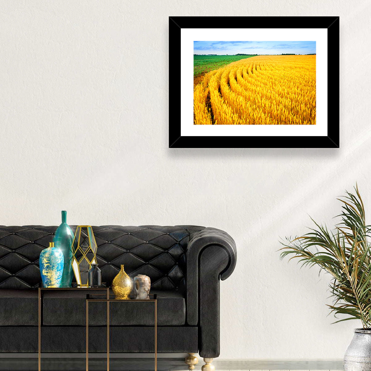 Summer Wheat Field with Curved Paths Wall Art in a room, landscape