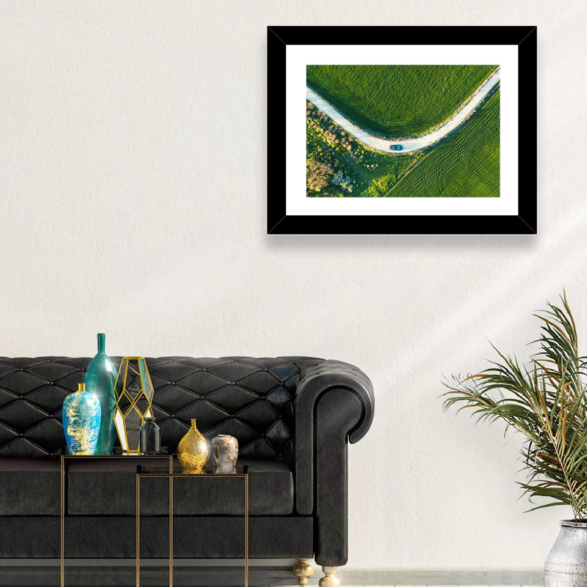 Aerial Farm Fields at Golden Hour Wall Art in a room, landscape