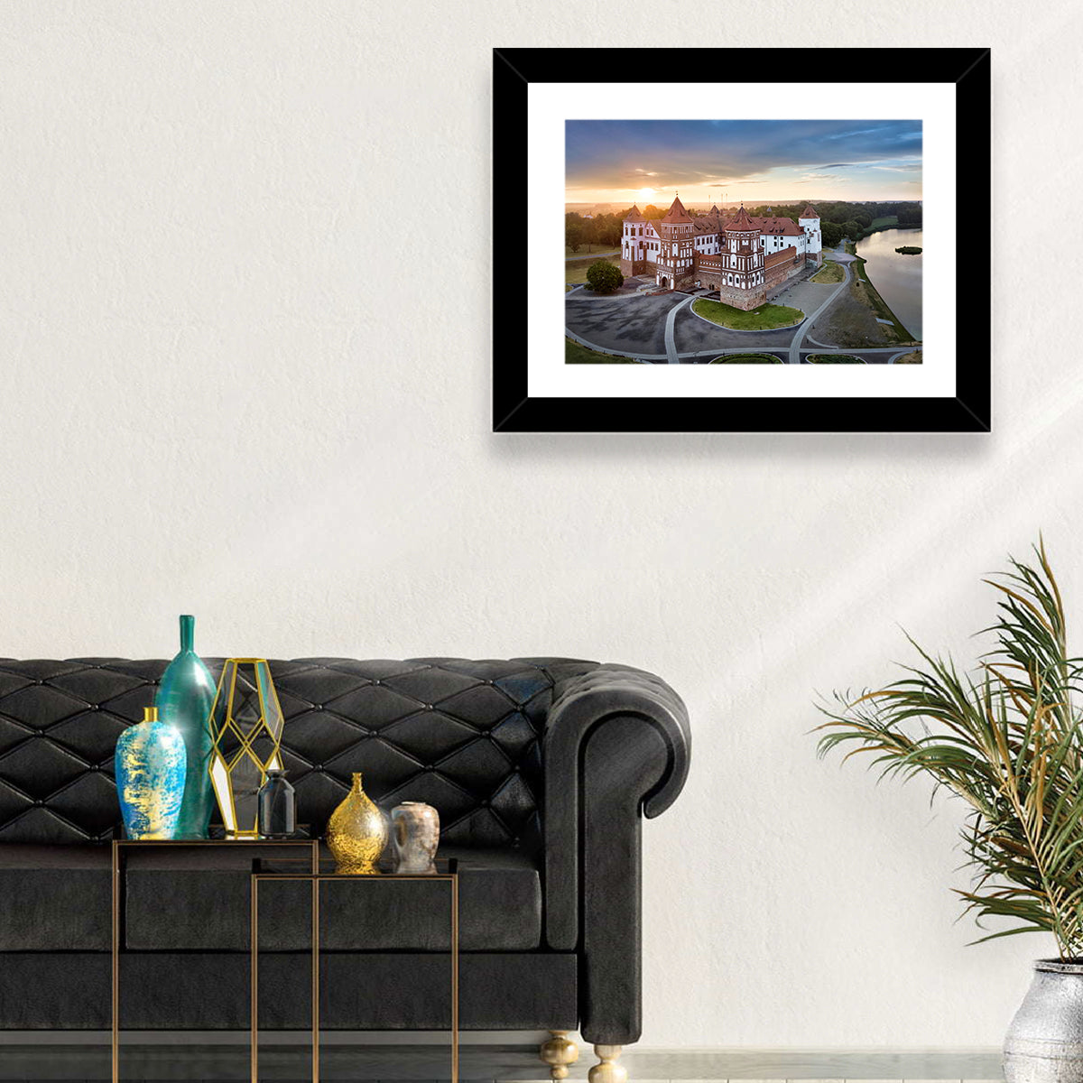 Mir Castle Sunrise Over Lake Wall Art in a room, landscape