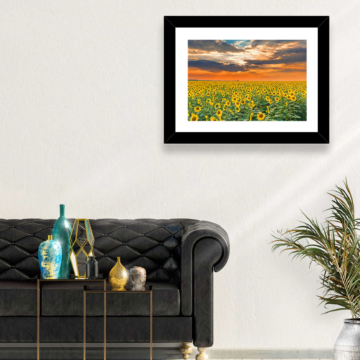 Golden Hour Sunflower Field Wall Art in a room, landscape