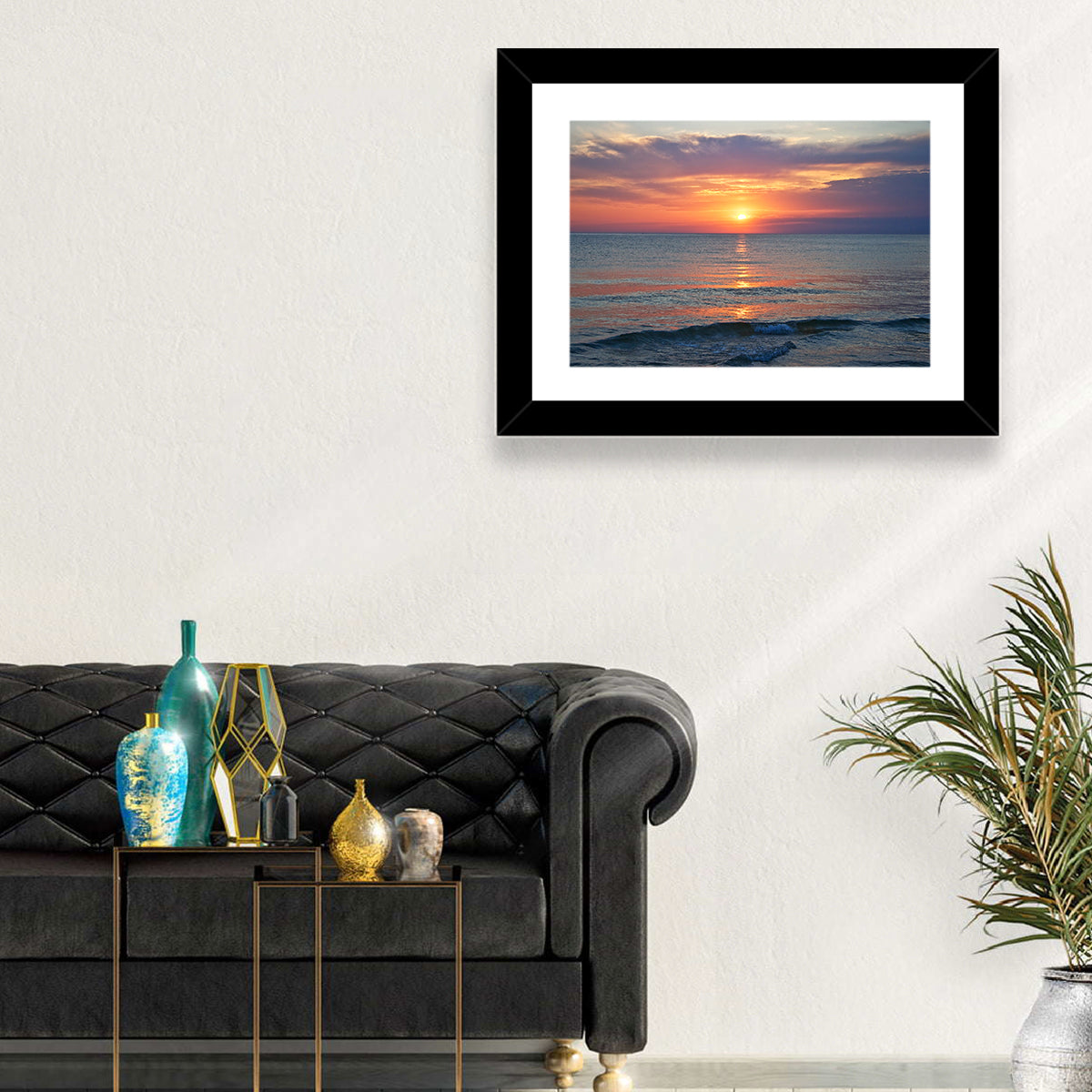 Lake Michigan Sunset Reflection Wall Art in a room, landscape