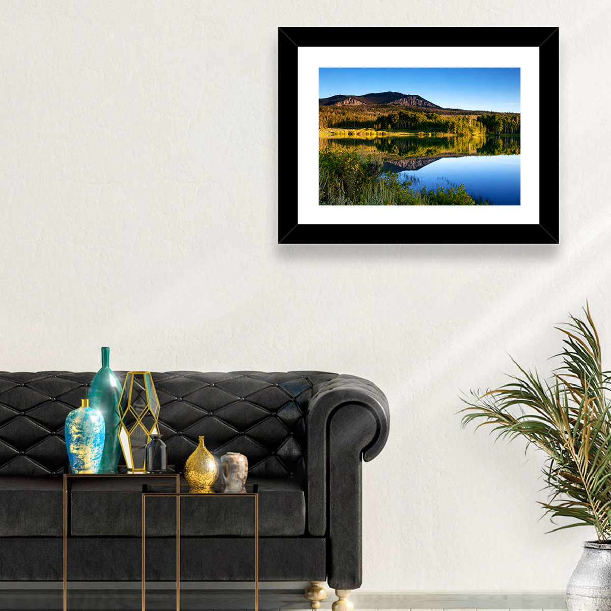 Golden Hour Mountain Lake Wall Art in a room, landscape