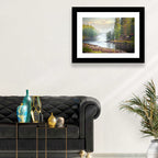 Misty River with Red Roof Cabin Wall Art