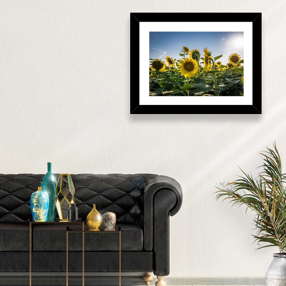 Backlit Sunflower Field Wall Art in a room, landscape