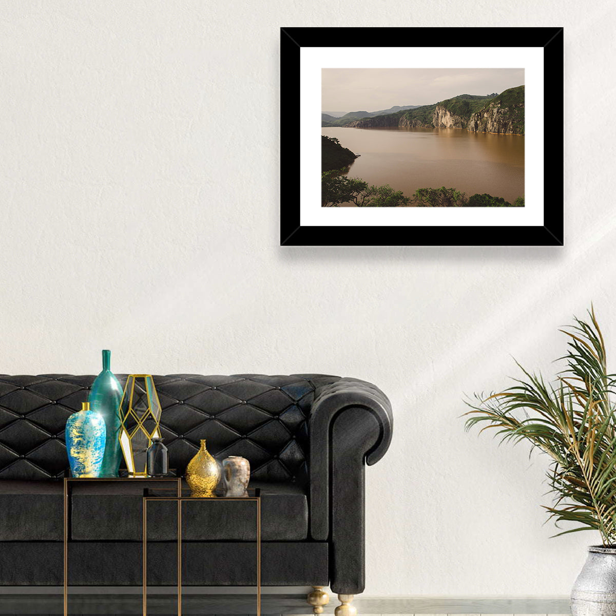 Lake Nyos Cliff View Wall Art in a room, landscape