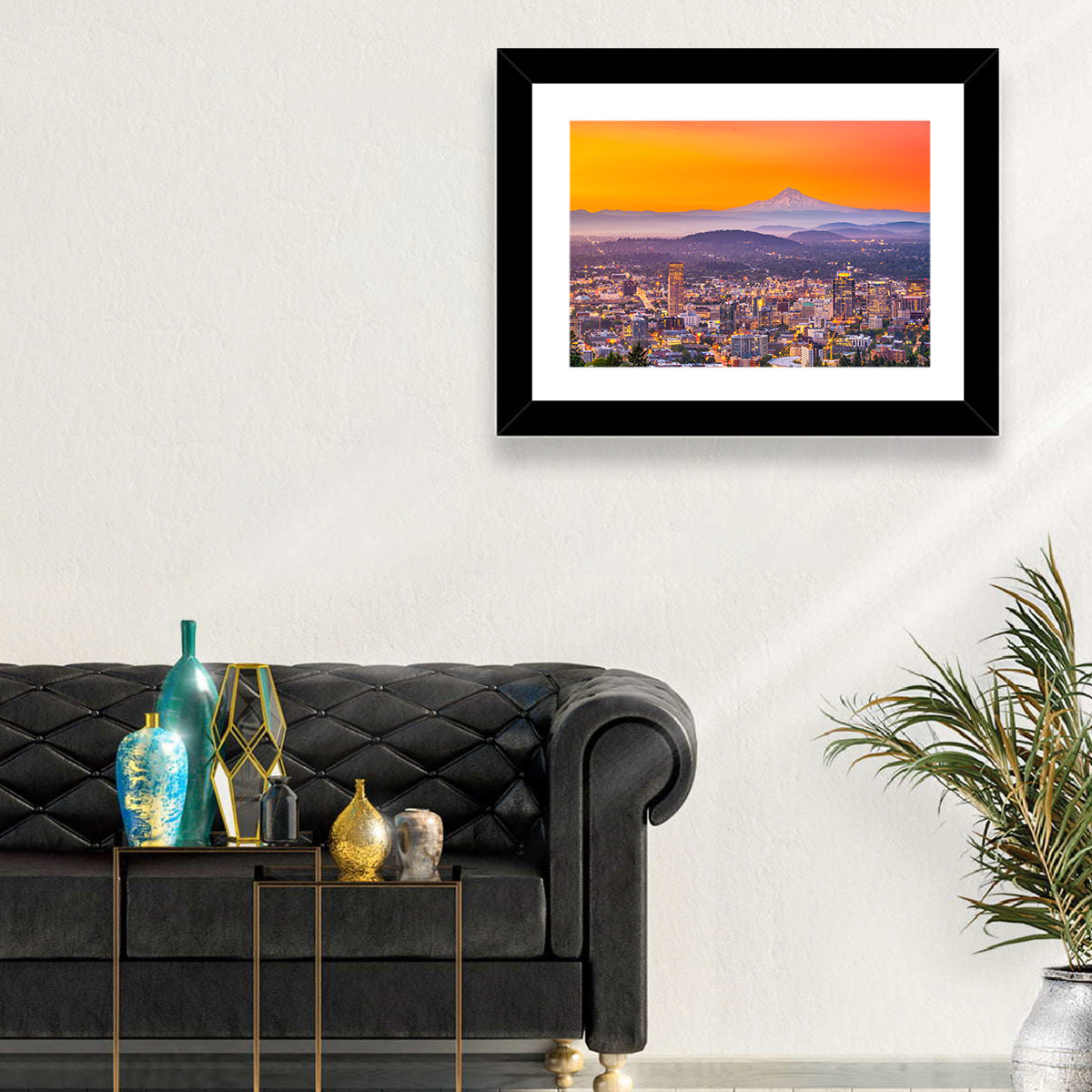 Mount Hood Over Portland Skyline Wall Art in a room, landscape