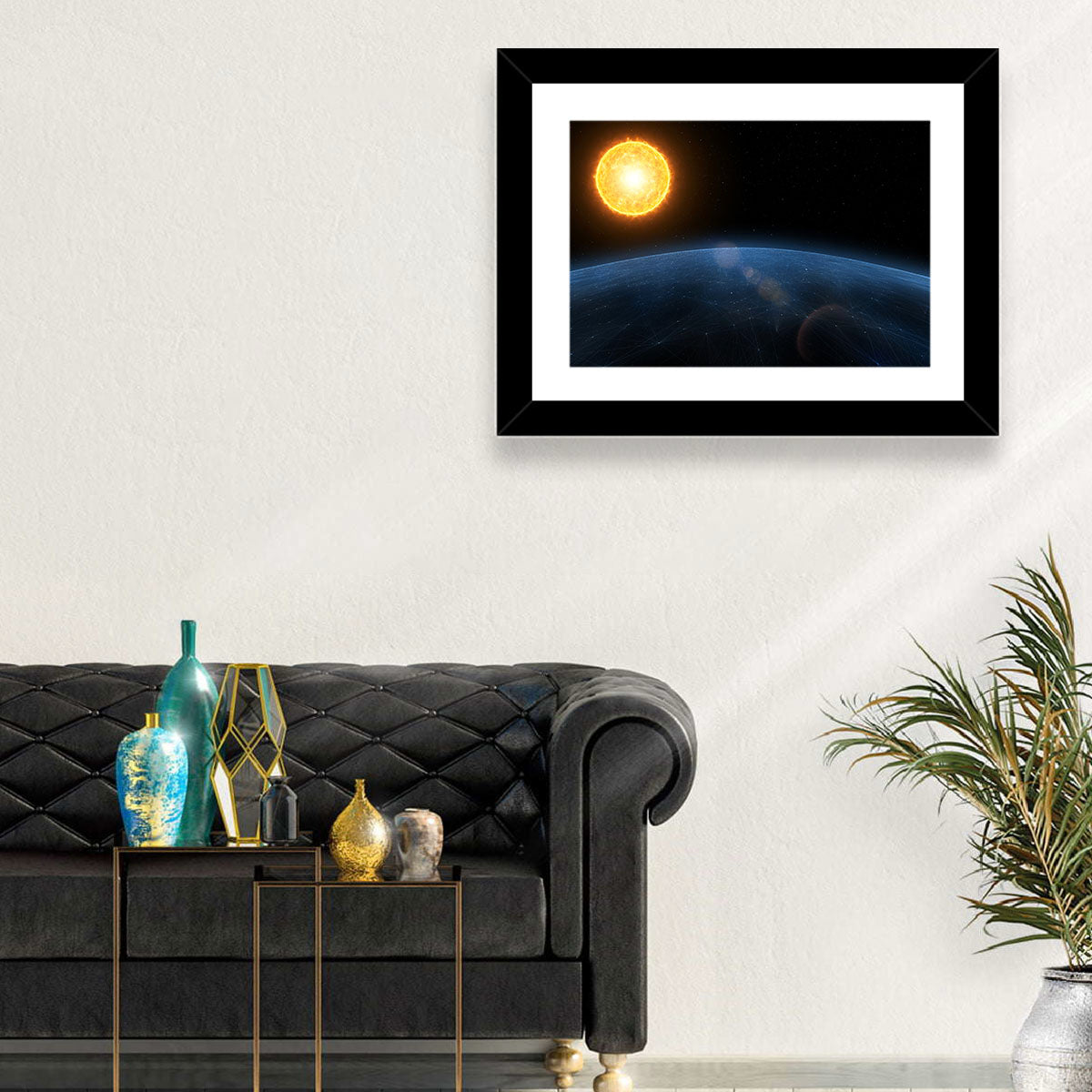 Alien Planet and Sun Wall Art in a room, landscape