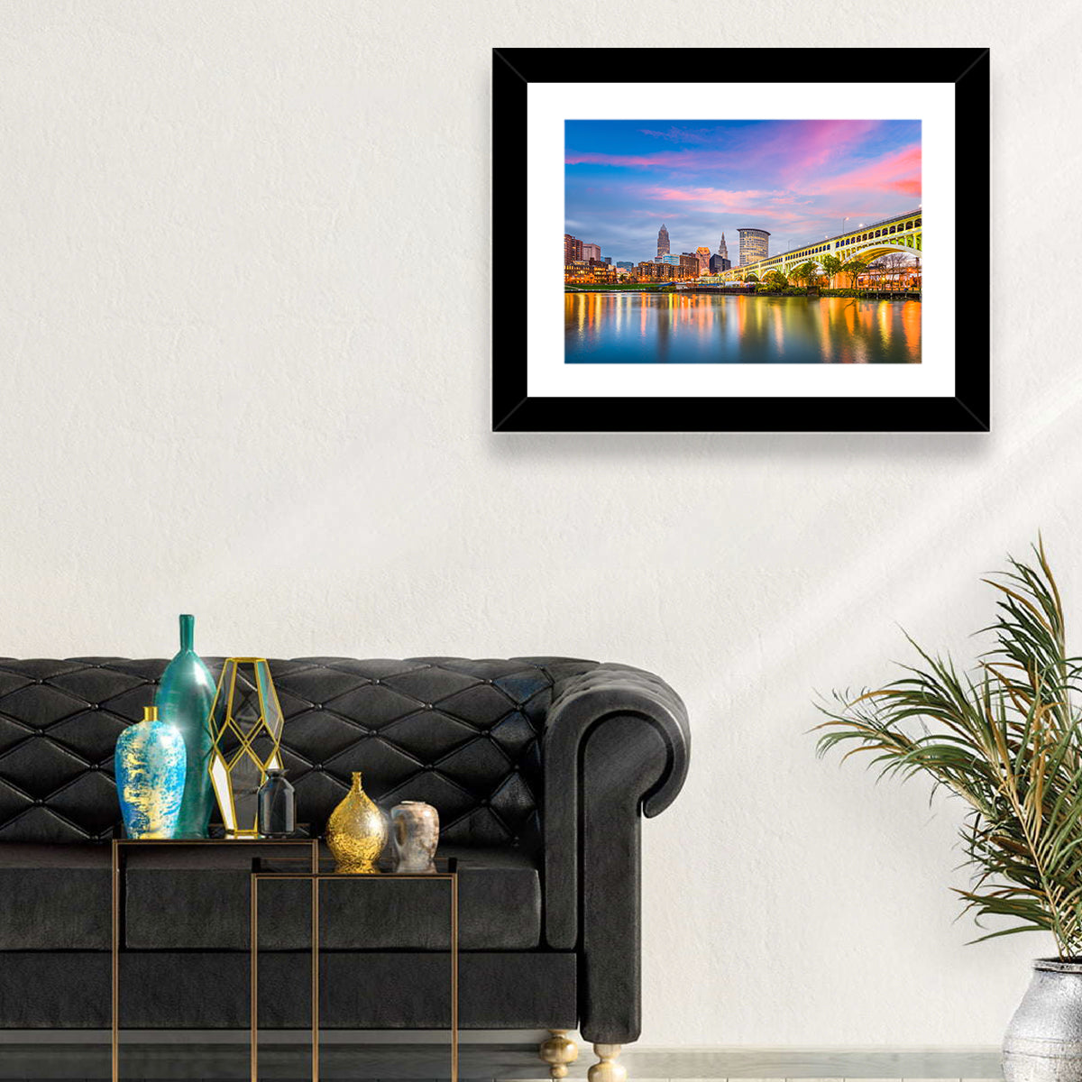 Cleveland Skyline at Dusk Wall Art in a room, landscape