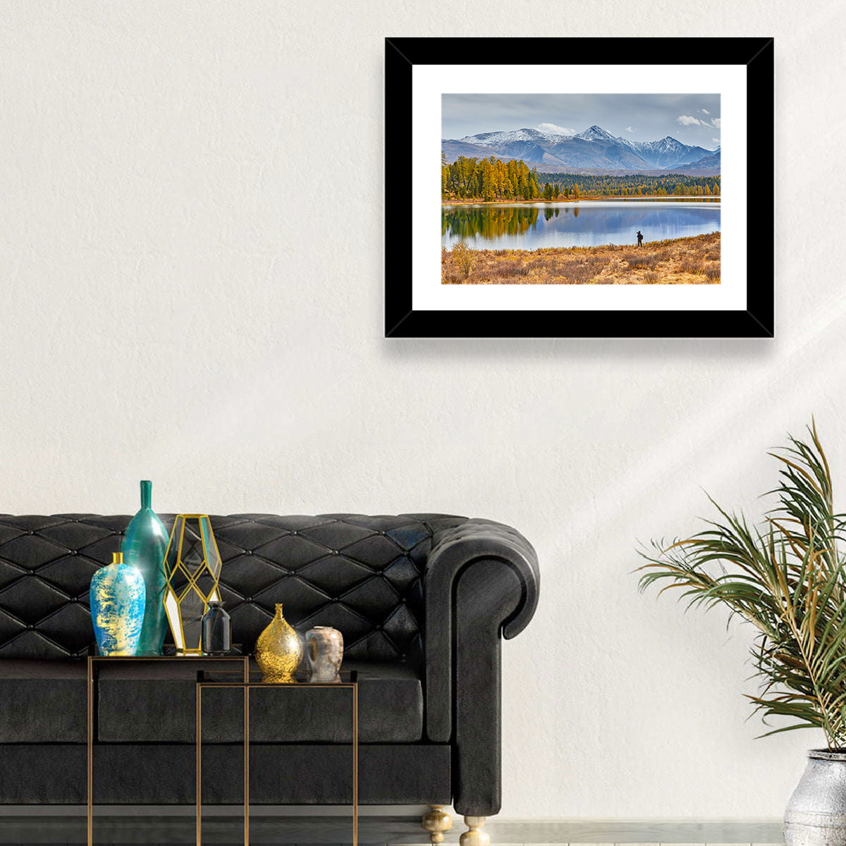 Autumn Mountain Lake Reflection Wall Art in a room, landscape