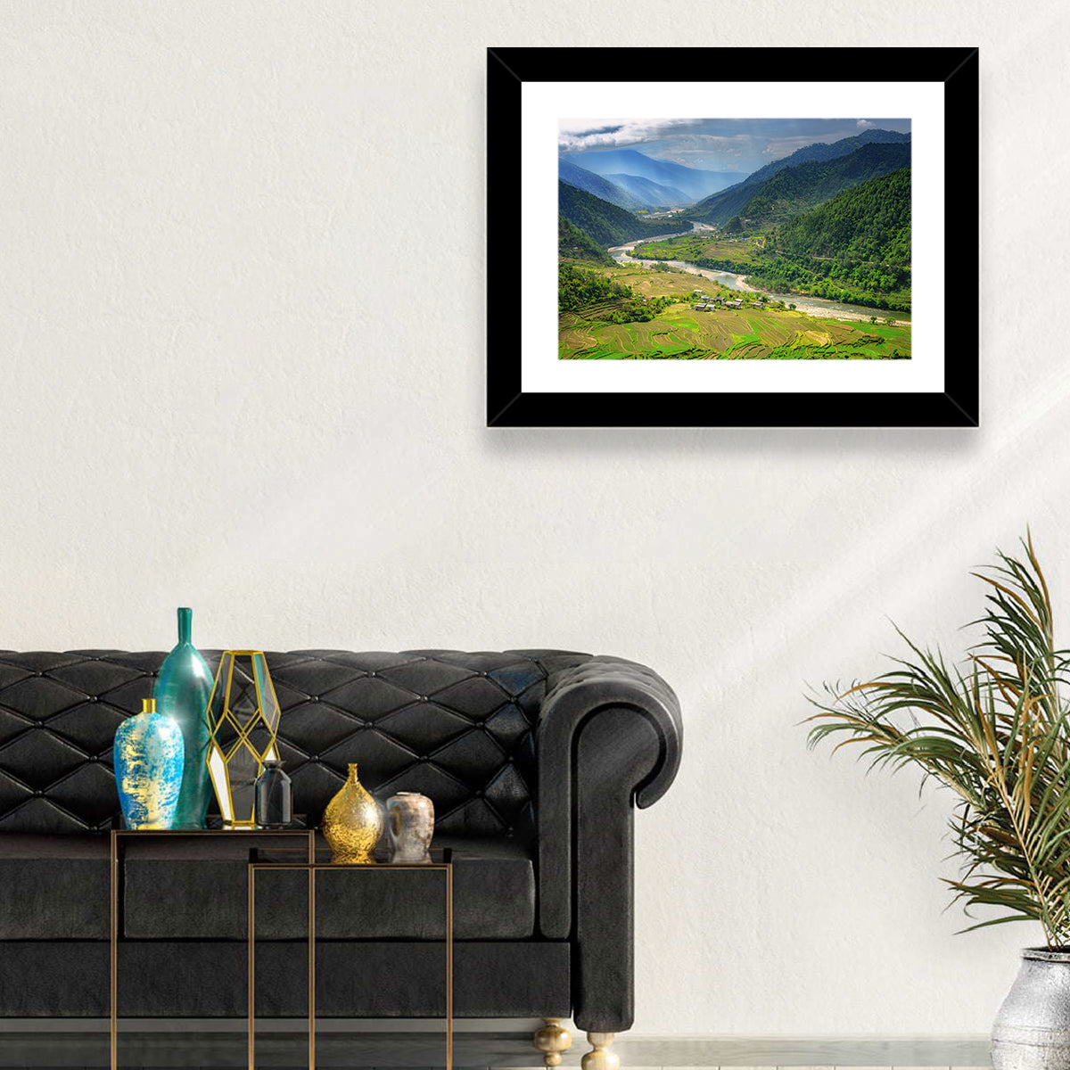 Punakha River Valley with Terraced Rice Fields Wall Art in a room, landscape