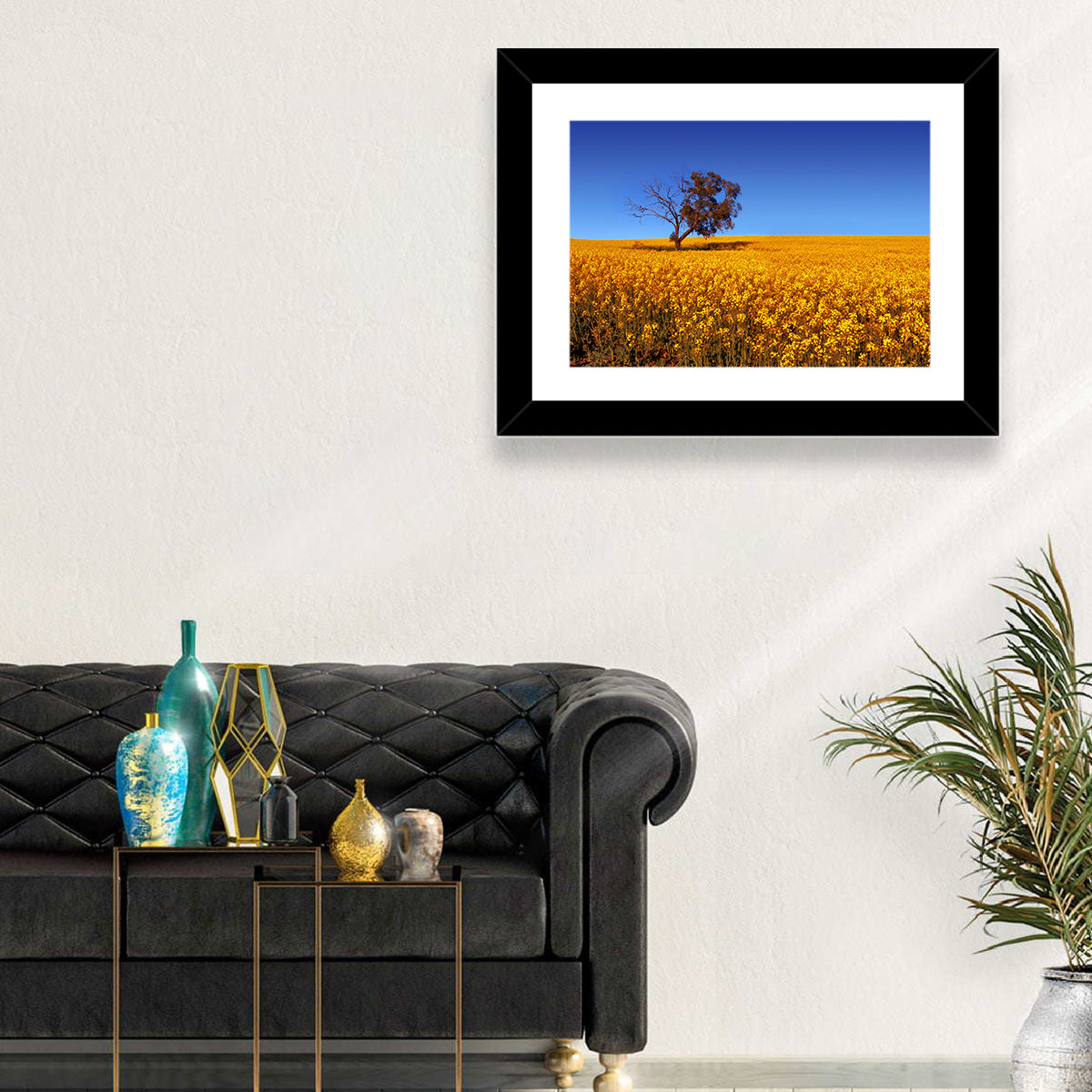 Canola Field with Lone Tree Wall Art in a room, landscape