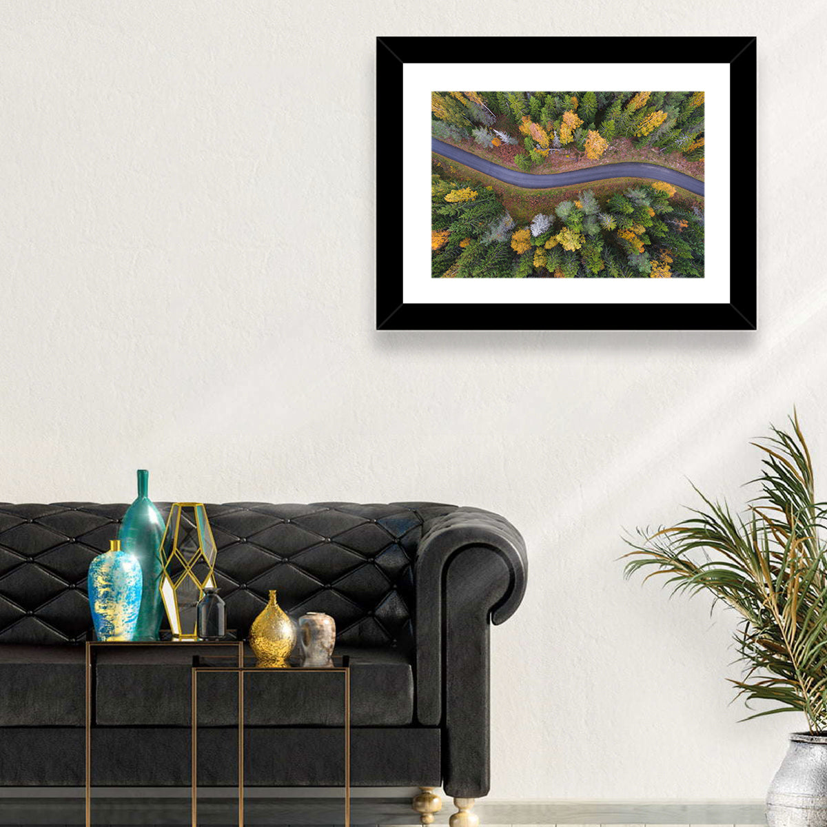 Aerial Autumn Forest Road Wall Art in a room, landscape